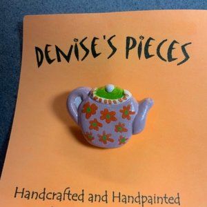 Tea Pot Pin Brooch Purple Green Orange Flower Plaster Handmade Hand Painted